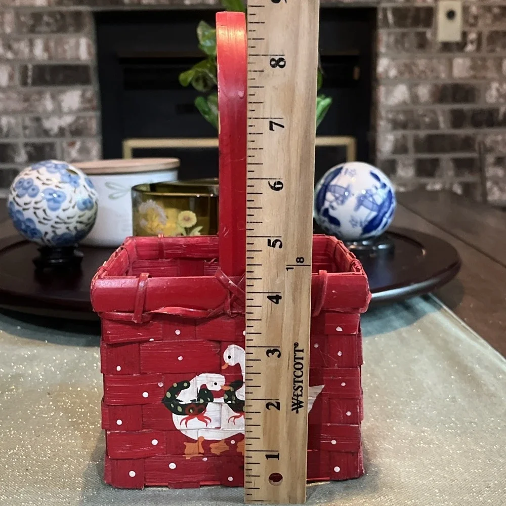 Hand Painted Picnic Christmas Red Basket  FOLK ART  Geese~Vintage